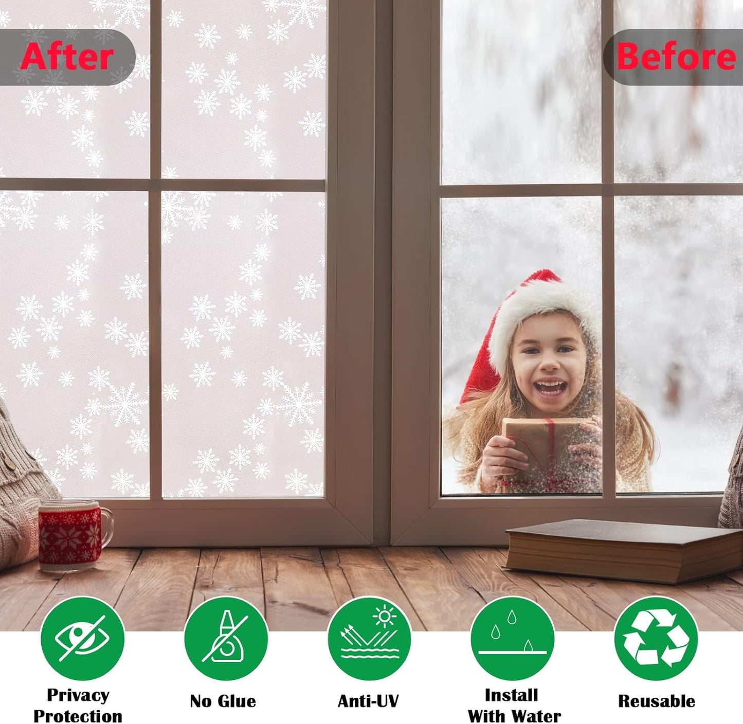 Niviy Christmas Decorations Privacy Window Film Snowflakes Window Clings Decals Stickers Non Adhesive Frosted Glass Film Heat Control 17.7” x 78.7”