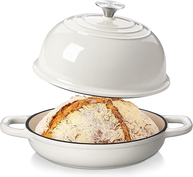 Velaze Enameled Cast Iron Dutch Oven for Bread Baking,5 QT Round Bread Oven Pot with Dome Lid for Sourdough, Roasting,Braising(White)
