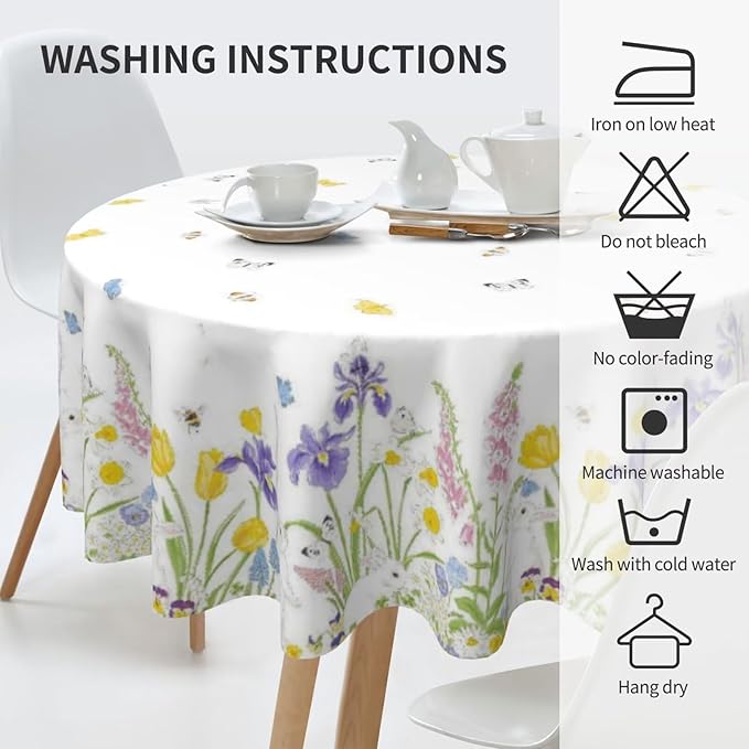 Spring Easter Round Tablecloth 70 Inch, Bunny Colorful Flower Butterfly Decorative Tablecloths Stain Resistance Polyester Rabbit Floral Table Cloth for Holiday Parties Kitchen Dining