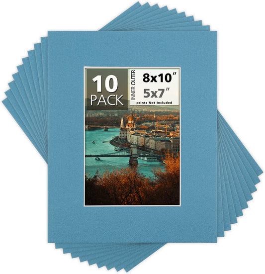 Mat Board Center, Pack of 10, 8x10 for 5x7 Dynamic Blue Color Mats - Bevel Cut, Acid Free, 4-ply Thickness, White Core - for Pictures, Photos, Framing