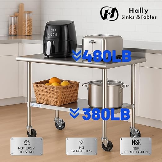 Hally Stainless Steel Table for Prep & Work 24 x 48 Inches with Caster Wheels, NSF Commercial Heavy Duty Table with Undershelf and Backsplash for Restaurant, Home and Hotel