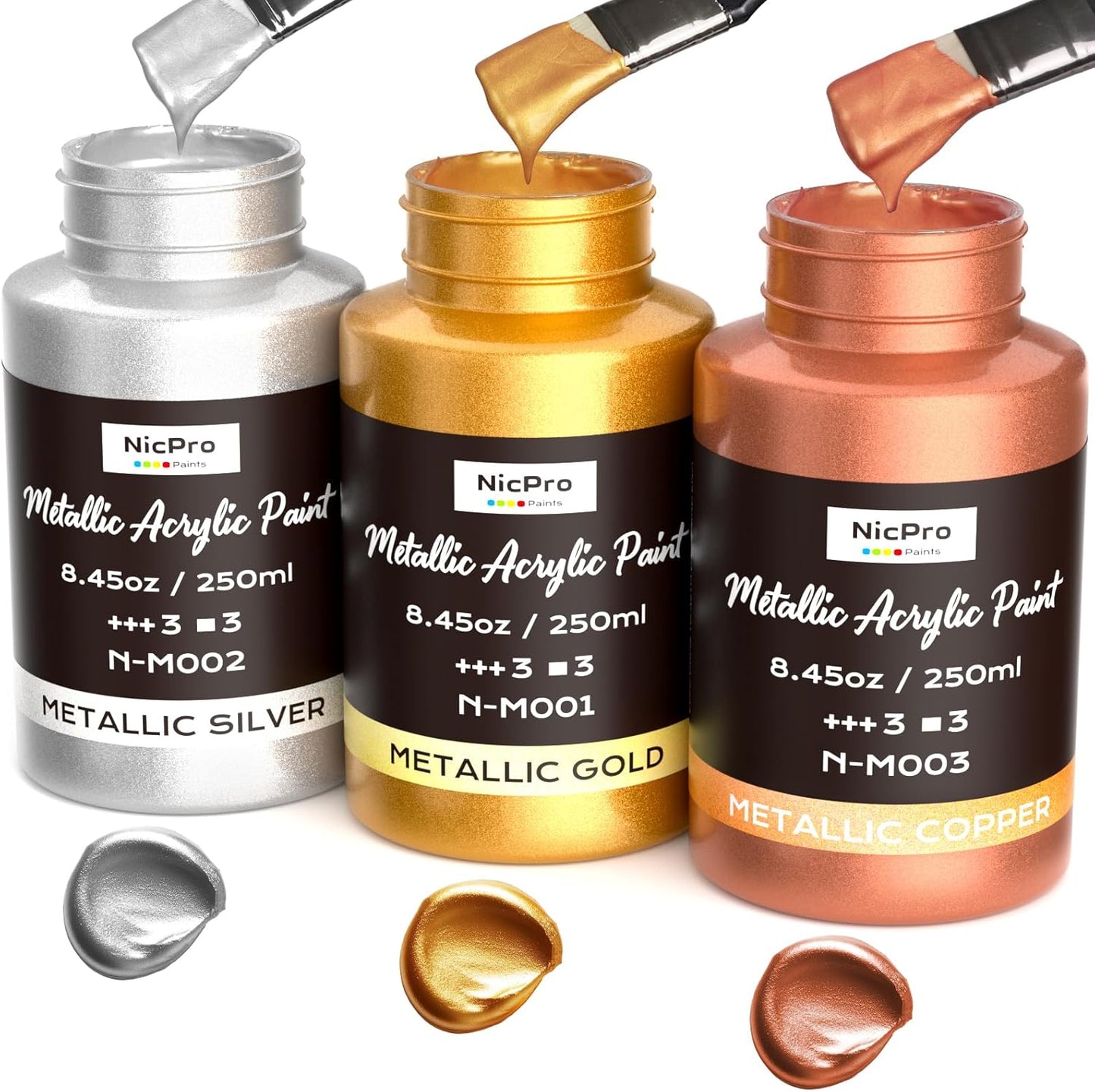 Nicpro Acrylic Paint Metallic, 3 Colors Gold, Silver, Copper 25.35oz/750ml Gold Leaf Paint, Non Toxic, Non Fading for Art Painting, Handcrafts, Ideal for Multi-surface, Canvas, Wood, Clay, Metal