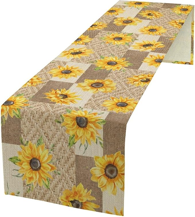 Farmhouse Sunflower Table Runner, Rustic Vintage Linen Patchwork Summer Yellow Floral Table Cover for Bithday Party Home Kitchen Dining Room Decor, 13x108inch