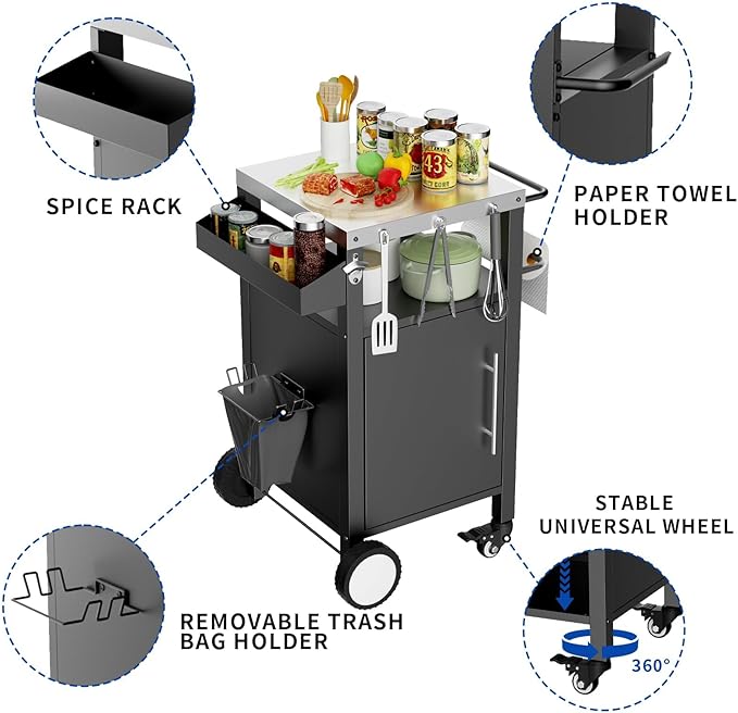 Outdoor Grill Cart with Storage, Stainless Steel Top, Movable Patio Kitchen Island, Rolling BBQ Cart, Dining Serving Cart for Family Party, Food and Others Prep Station, Black
