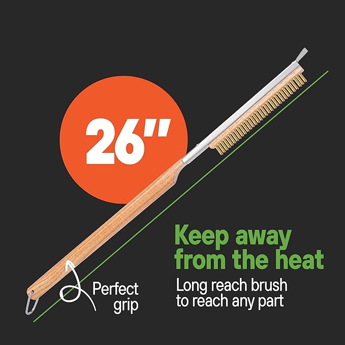 SCRUBIT 26" Pizza Oven Brush with Scraper, Heat Resistant - Stainless-Steel 2-in-1 Pizza Stone Brush with Pizza Stone Cleaner, Includes 2 Brush Heads and 30 Waste Bags - Works with Ooni Pizza Oven