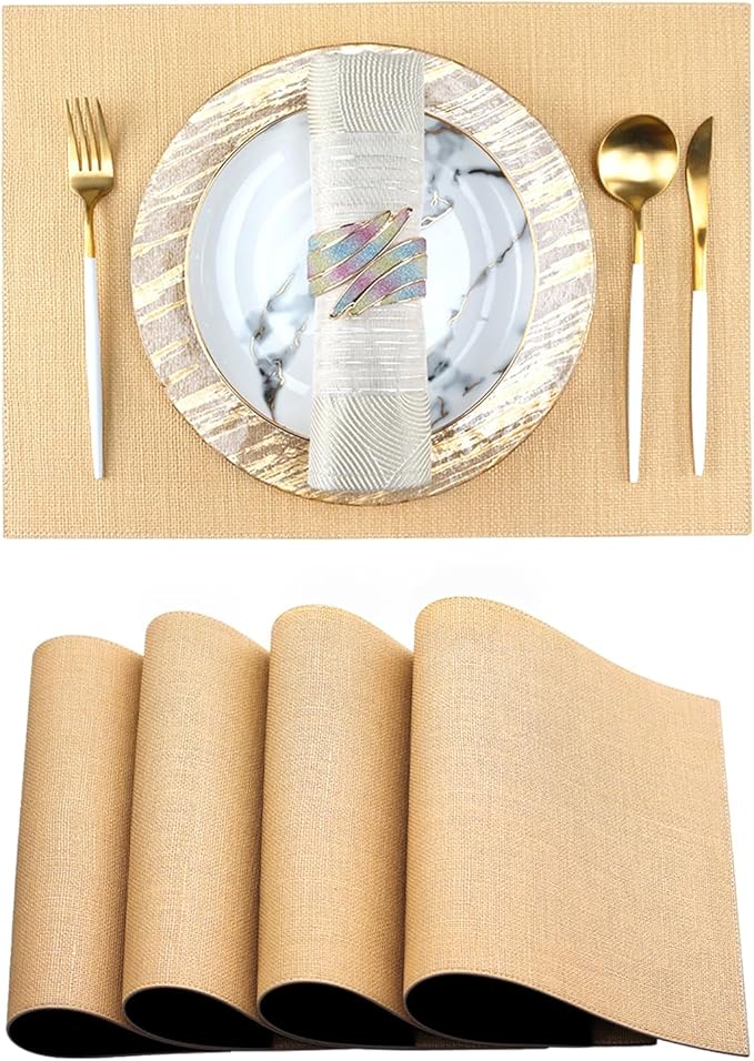 Gold Placemats Set of 4 - Waterproof Washable Wipeable Faux Leather Place Mats - Heat Resistant PU Table Mats for Dining Table Decoration Indoor Outdoor - 18x13 Inch