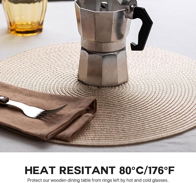 Round Placemats Set of 6 Plastic Woven Placemats Washable Wipeable Table Mats for Dining Table Heat Resistant Non-Slip Circle Place Mats (Beige)