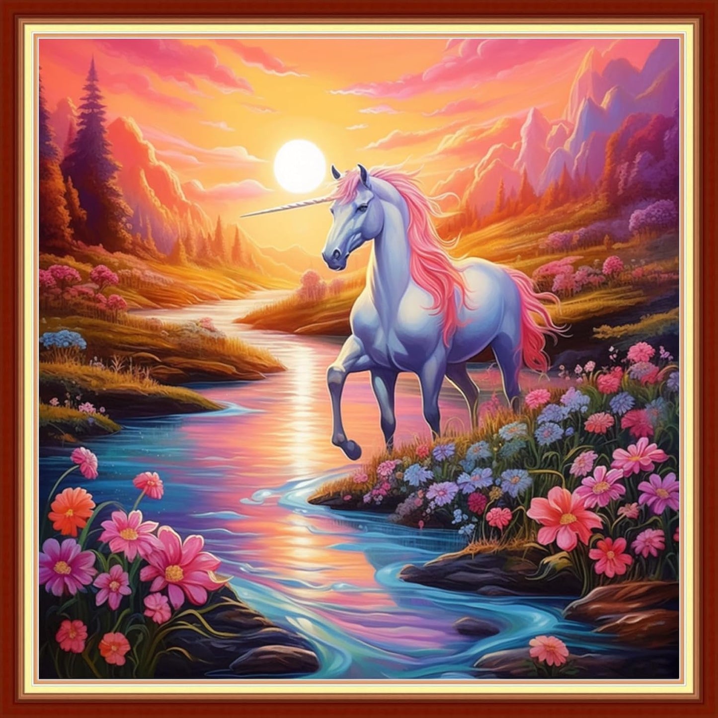 Joyhoor Stamped Cross Stitch Kits for Beginners, Needlepoint Kits for Adults, 11CT Counted Embroidery Kits-Sunrise Unicorn 18x18 inchs