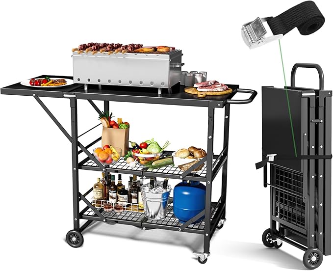 Himix Folding Grill Cart-3 Tier Outdoor Grill Cart with Wheels, Grill Table for Outside Pizza Oven Cooking Prep Table, Portable Bar Cart Grill Station