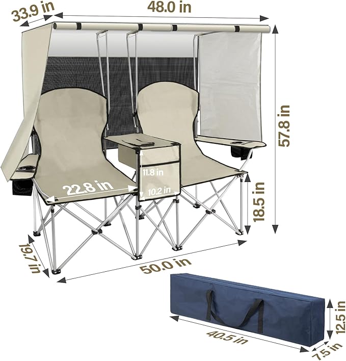 BESTHLS Double Camping Chair with Canopy Shade - Heavy Duty 600D Outdoor Loveseat for Adults, 2-Person Beach Chair with Umbrella, Folding Camp Loveseat for Fishing, Sports, Patio (White)