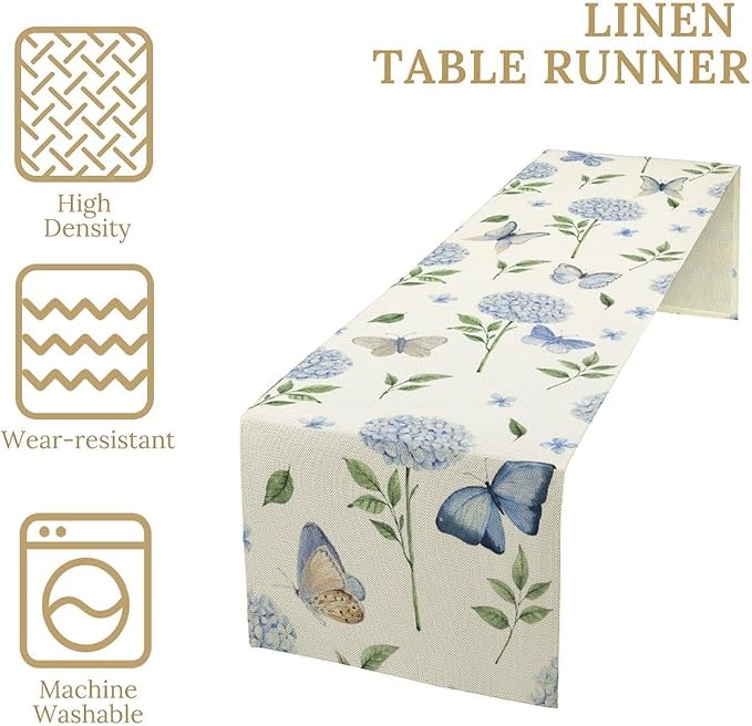 Hydrangea Butterfly Table Runner, Seasonal Spring Summer Table Runner for Holiday Kitchen Dining Home Party Outdoor 13x70in