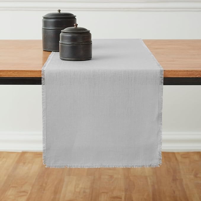 Solino Home Linen Light Grey Table Runner 108 Inches Long - Fringe, 100% Pure Linen Dining Table Runner 14 x 108 Inch for Spring, Easter - Handcrafted and Machine Washable