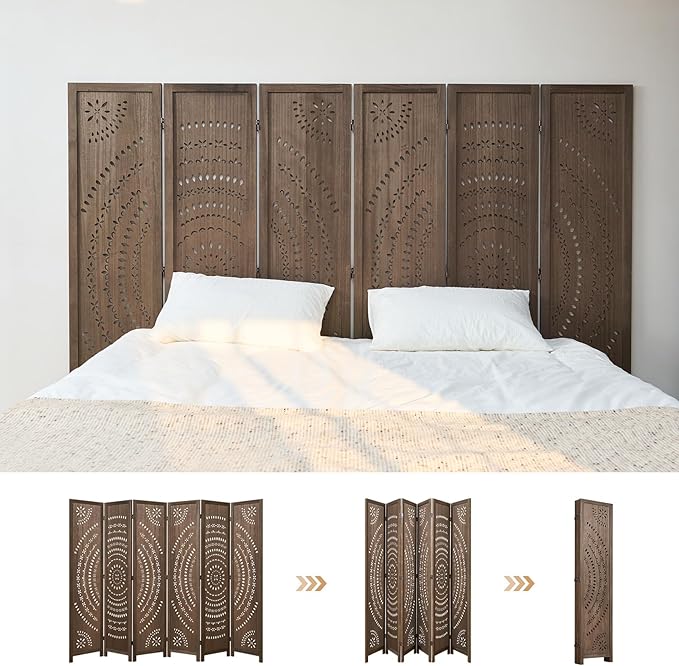 66.9Inch Folding Room Divider, 6 Panels Wood Carved Privacy Screens Free Assembled Freestanding Partition for Bedroom Home Office (Brown)