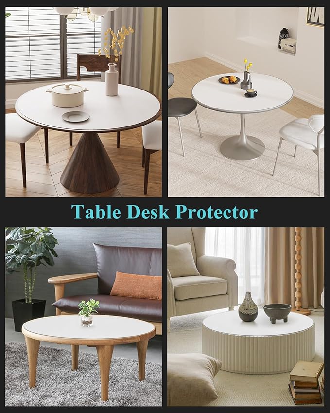 Pure White Plastic Table Cover Protector, 42" Round Waterproof Easy Flat PVC Desk Pad Mat, 1.5mm Thick Vinyl Table Top Protector for Dining Room Table, Office, Dresser