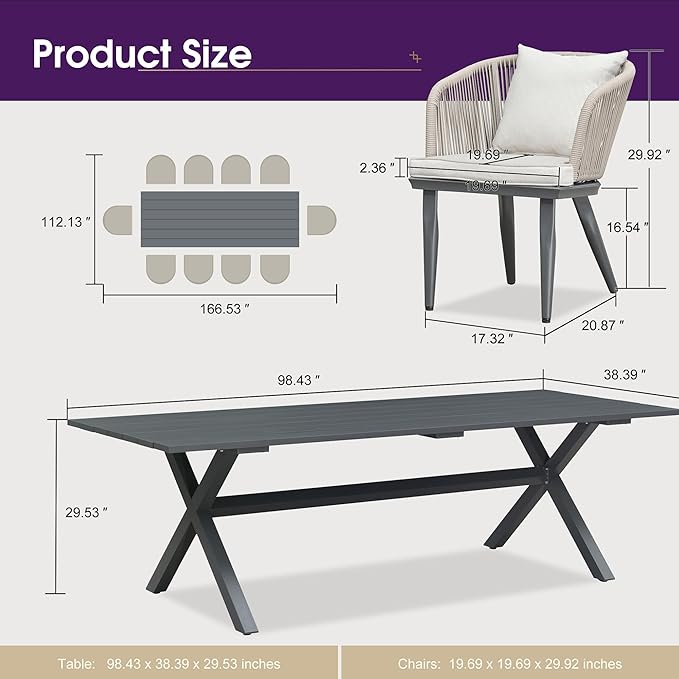 PURPLE LEAF 11 Pieces Patio Dining Set Wicker Outdoor Furniture Rectangular Table and Chairs Set for Garden Deck Aluminum Frame Backyard Kitchen Set, Cushions and Pillows Included Taupe