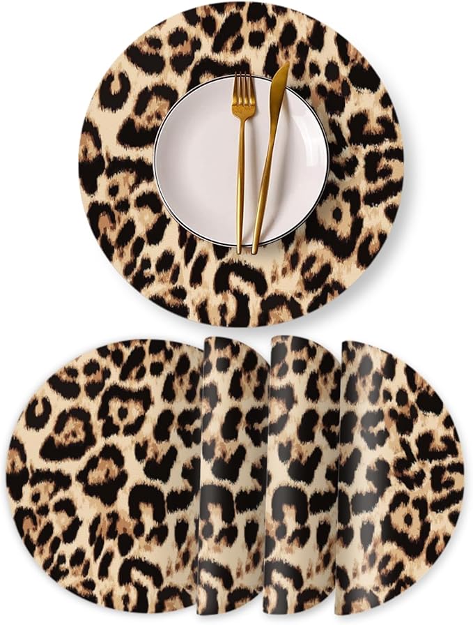 Faux Leather Placemats Set of 4,Golden Brown Bionic Leopard Print Ding Table Round Placemat Heat-Resistant Waterproof Non-Slip Place Mats Kitchen Living Room Decoration,13inch