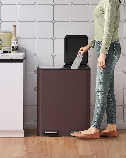 Arlopu 16Gal Dual Trash Can w/2 Built-in Box for Odor Control, Hands-Free Kitchen Garbage Bin, Recycle Waste Dustbin, Soft-Close Lid, 2 Buckets,Foot Pedal, Side Handle, Airtight,for Home (Brown)