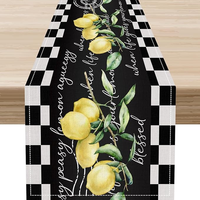 Lemon Table Runner, Farmhouse Black Buffalo Plaid Seasonal Summer Spring Fruits Rustic Coffee Table Center Decor for Home Kitchen Dining Party Patio Indoor Outdoor Table Decorations, 13"x108" Inch