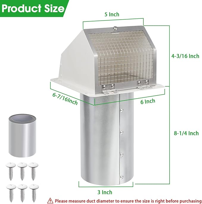 3 Inch Dryer Vent Cover Outside,Wall Vent Cover,Outdoor Dryer Exhaust Vent Cover for Dryer Duct Air Ventilation,Wall Mount Extractor Vent Cap with Screen and Damper,Galvanized Steel,White