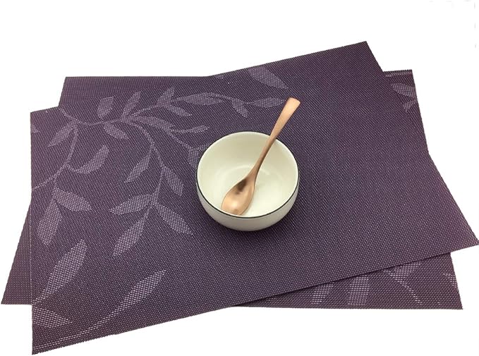Gugrida Place Mats PVC Set of 6, Table Placemats Set of 6 PVC Woven Vinyl Place Mats Table Mats Natural Color (6 pcs, Purple Leaves)