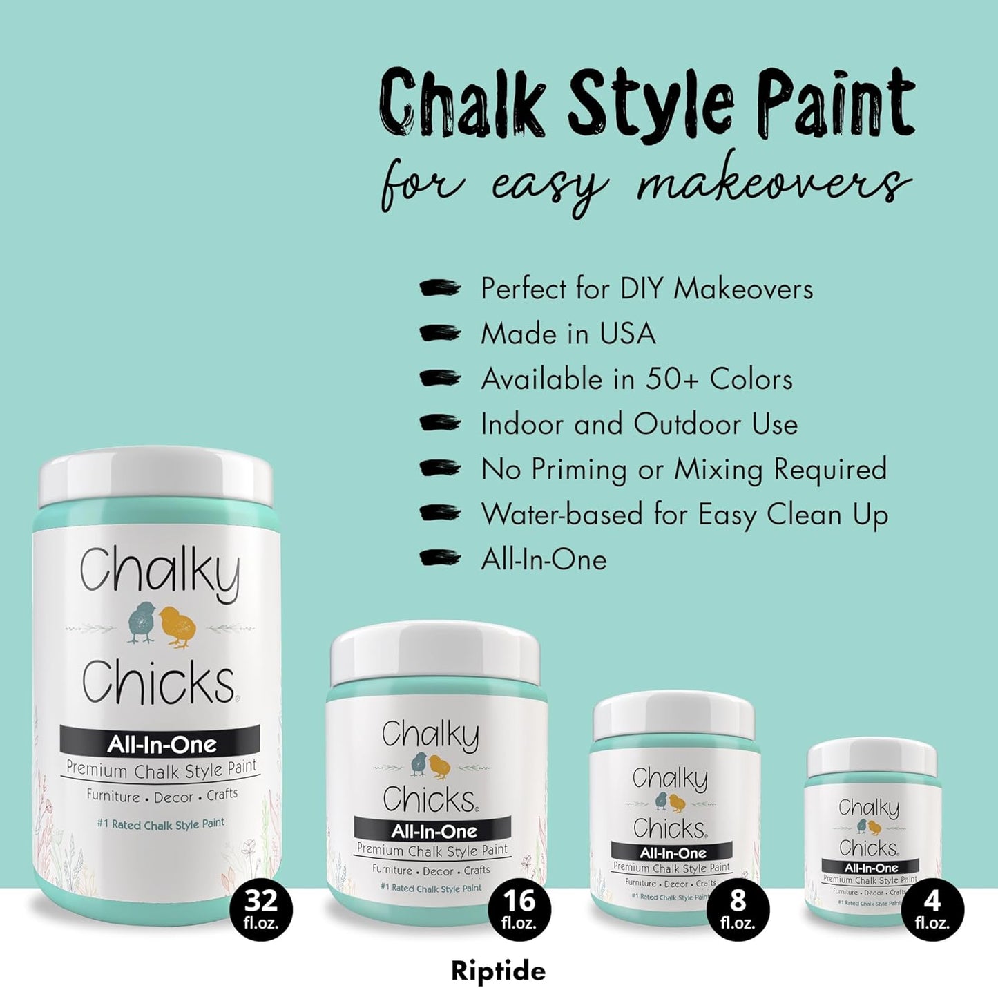 Chalky Chicks All-in-One Chalk Paint for Furniture or Cabinet - 8 Fl Oz - Matte Finish Riptide (Green Blue) for Metal, Wood Furniture Paint - No Sanding All-in-One for Home Decor & Crafts, USA Made