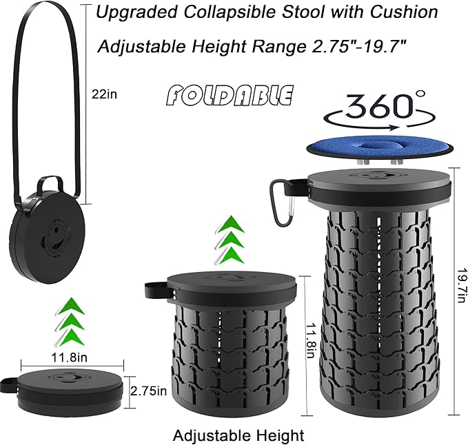 ALEVMOOM XXL Collapsible Stool with Thick Cushion,Taller 19.7" Wider 11.8" Camping Chair More Sturdy Capacity 1000LBS,Portable Telescoping Adjustable Stool for Garden Fishing Hiking BBQ (Large Black)