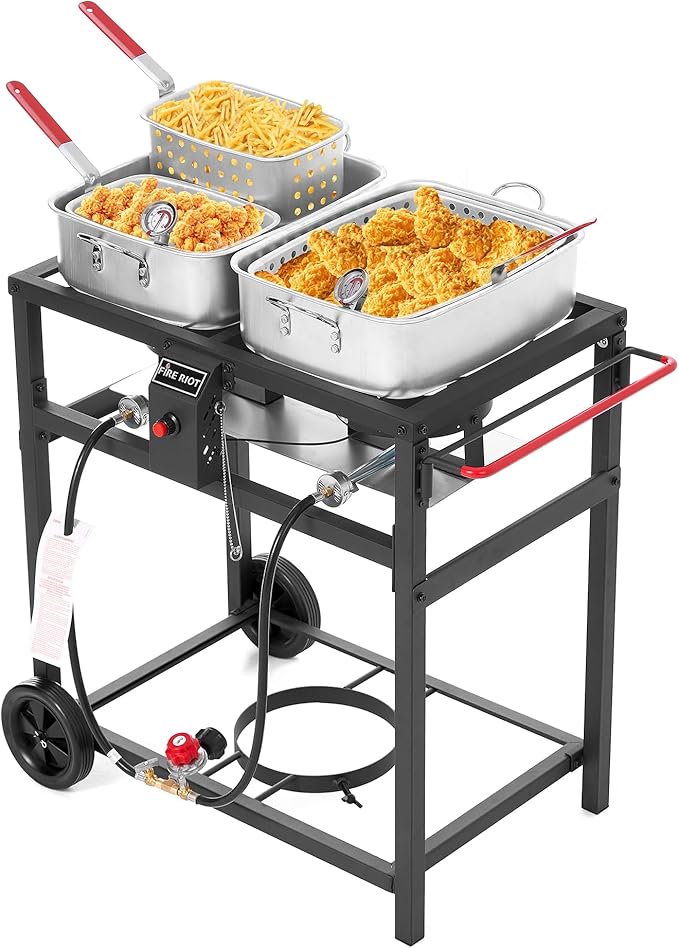 Deep Fryer with Double Burner Propane Stove Outdoor, 2×18QT Aluminum Pots & Frying Baskets, 100,000 BTU High-Power, Fish Fryer for Wings, Fries, Cajun Fry