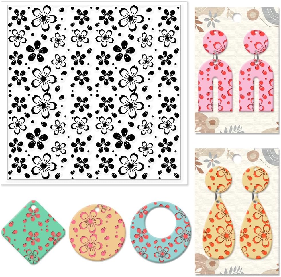 CHGCRAFT Cherry Blossoms Polymer Clay Texture Sheets Flowers Texture Silicone Clay Texture Stamp Clay Modeling Pattern Pad Texture Sheets for Earrings Jewelry Making