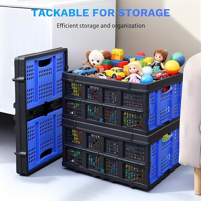 PMMJ 55L Collapsible Crate for Storage, 22”L x 15.8”W x 10.2”H, Heavy Duty PP Foldable Storage Bins, Space-Saving Stackable Containers for Home, Car & Shopping