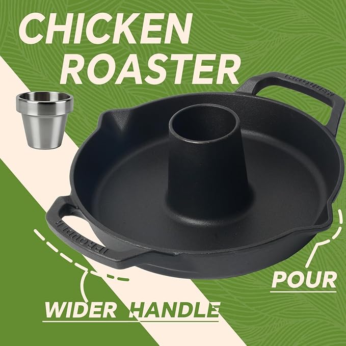 Cast Iron Chicken Roaster, Pre-Seasoned Vertical Poultry Roaster with Drip Pan, Beer Can Chicken Holder for Grill, Oven & Smoker