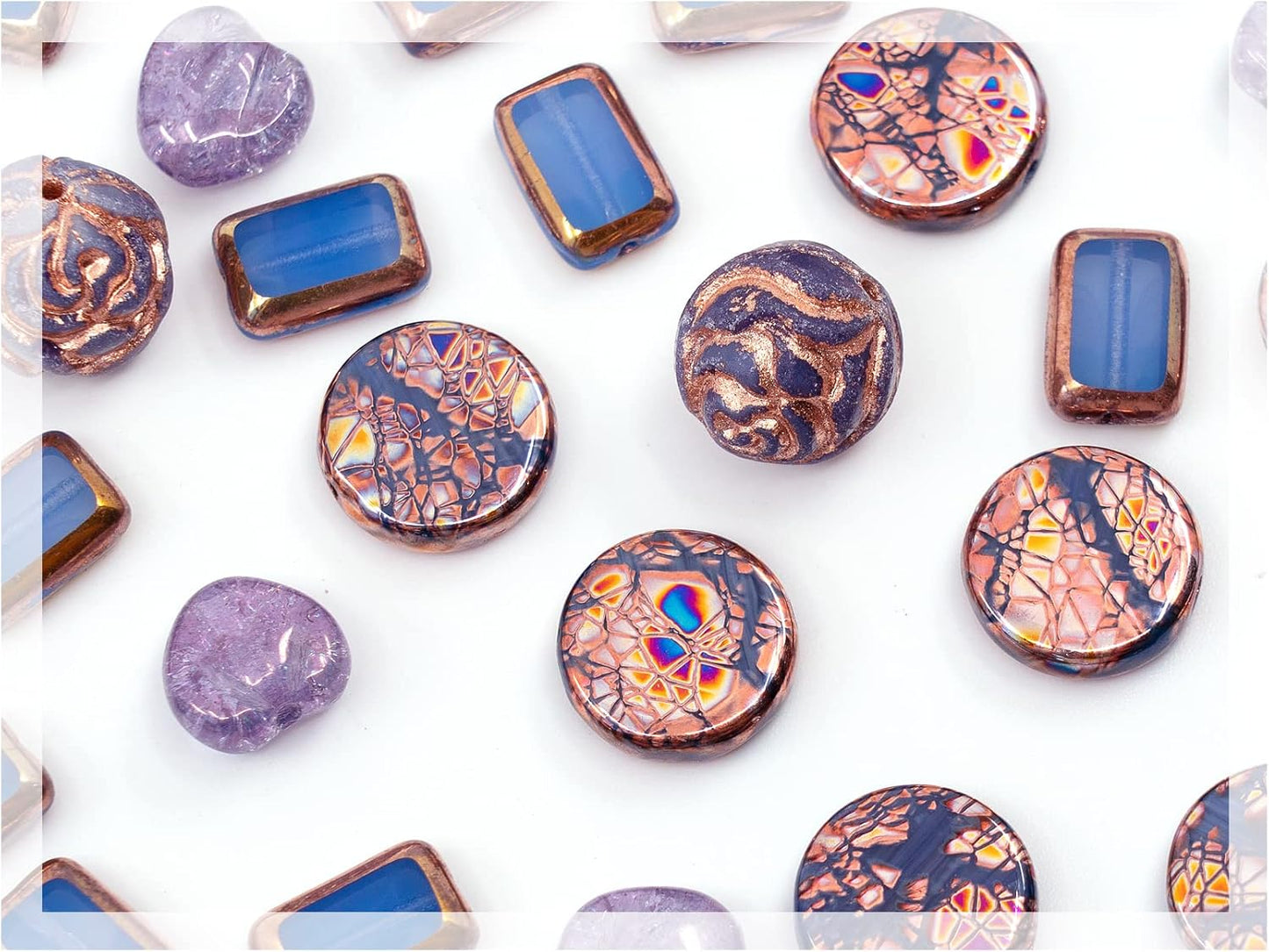 2.1oz (60g) of Glass Focal Bead Mix with Roses, Table-Cut and Cracked Czech Beads, PG Blue Copper Violet