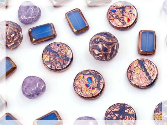 2.1oz (60g) of Glass Focal Bead Mix with Roses, Table-Cut and Cracked Czech Beads, PG Blue Copper Violet