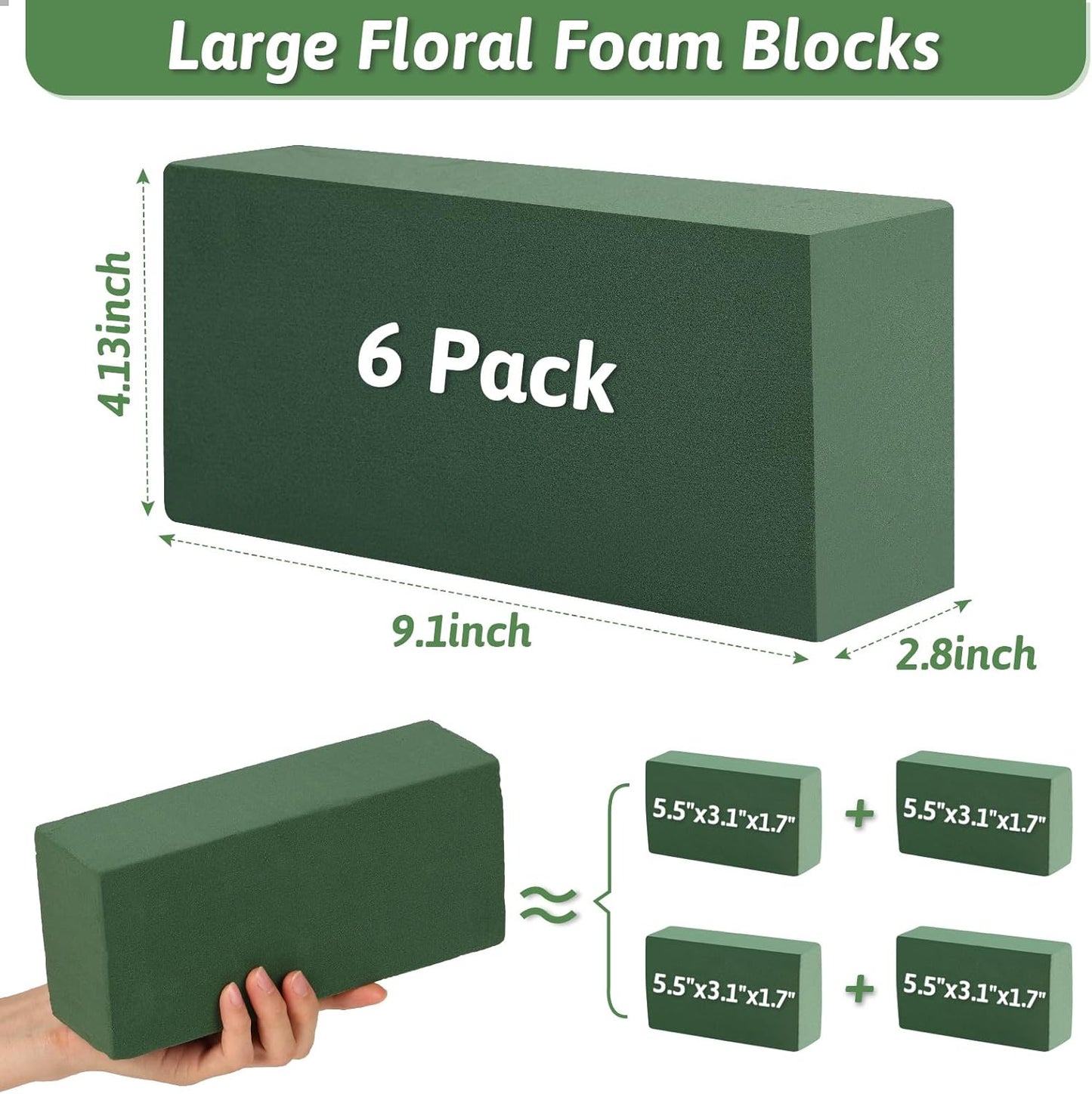 MAPVOLUT 6 Pack Green Floral Foam Blocks (9.1"x4.1"x2.8") + 2 Rolls Waterproof Floral Tape | Wet & Dry Flower Arrangement Foam for Fresh/Silk Flowers, DIY Crafts, Weddings, Centerpieces