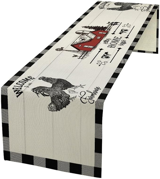 Rooster Table Runners, Black White Buffalo Plaid Rustic Cow Farm Animal Table Runner for Wedding Coffee Dining Table Party Home Farmhouse 13x60in