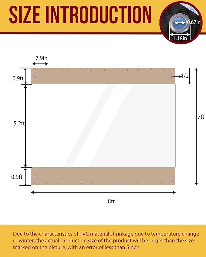 FoundGo 7'Hx8'W Outdoor Vinyl Curtains for Patio,19oz Clear Vinyl Patio Enclosure,Heavy Duty Clear Tarps Waterproof Vinyl Tarp with Grommets for Pergola, Porch,Gazebos,Balcony,-4℉ Cold Resistant