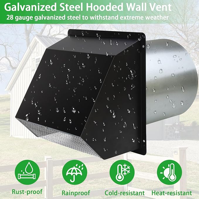 4 Inch Hooded Wall Vent with Screen and Damper,Outdoor Dryer Vent Cover for 4 inch Pipe,Wall Exhaust Vent Cover Cap External Extractor for House Ventilation&Outside Air Exhaust,Galvanized Steel,Black