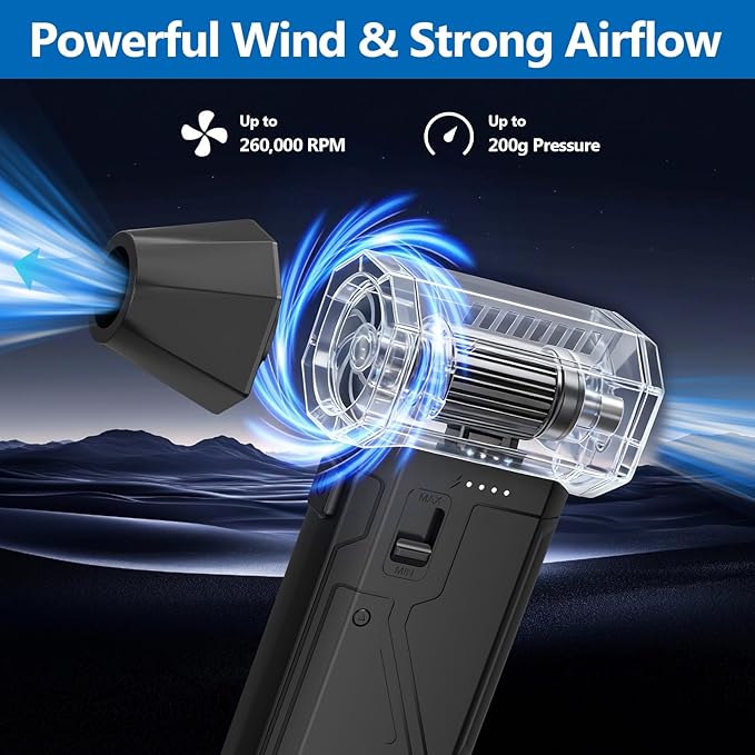 Welspo Compressed Air Duster 260000RPM Super Power Electric Air Duster Rechargeable, 3-Gear Adjustable Blower with Brushless Motor, Cordless Dust Blower for Keyboard, PC, Car, Home & Outdoor Use