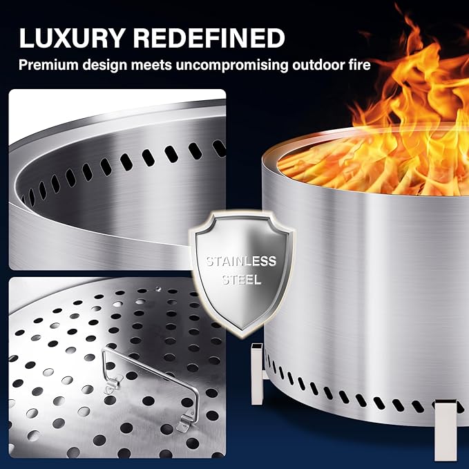HGD 28 Inch Smokeless Firepit, Stainless Steel Fire Pit, Wood Burning Firepit for Patio Garden Picnic