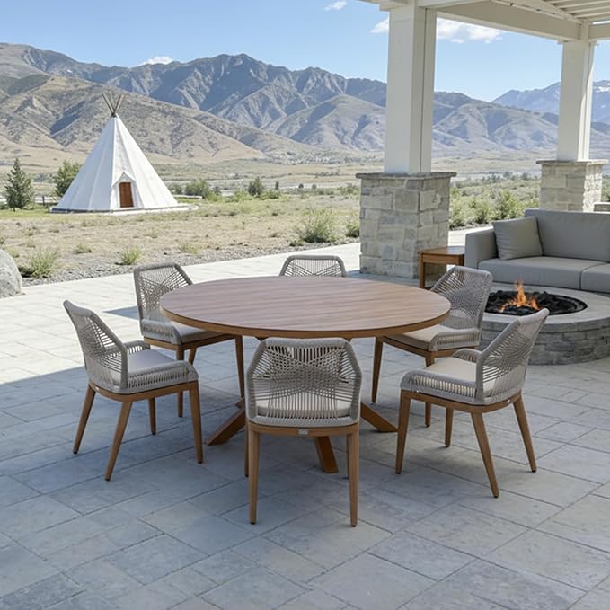PURPLE LEAF 7 Pieces Round Dining Set Patio Aluminum Modern Round Table and Wicker Chairs with Cushions for Kitchen Backyard Garden Outdoor Furniture Sets