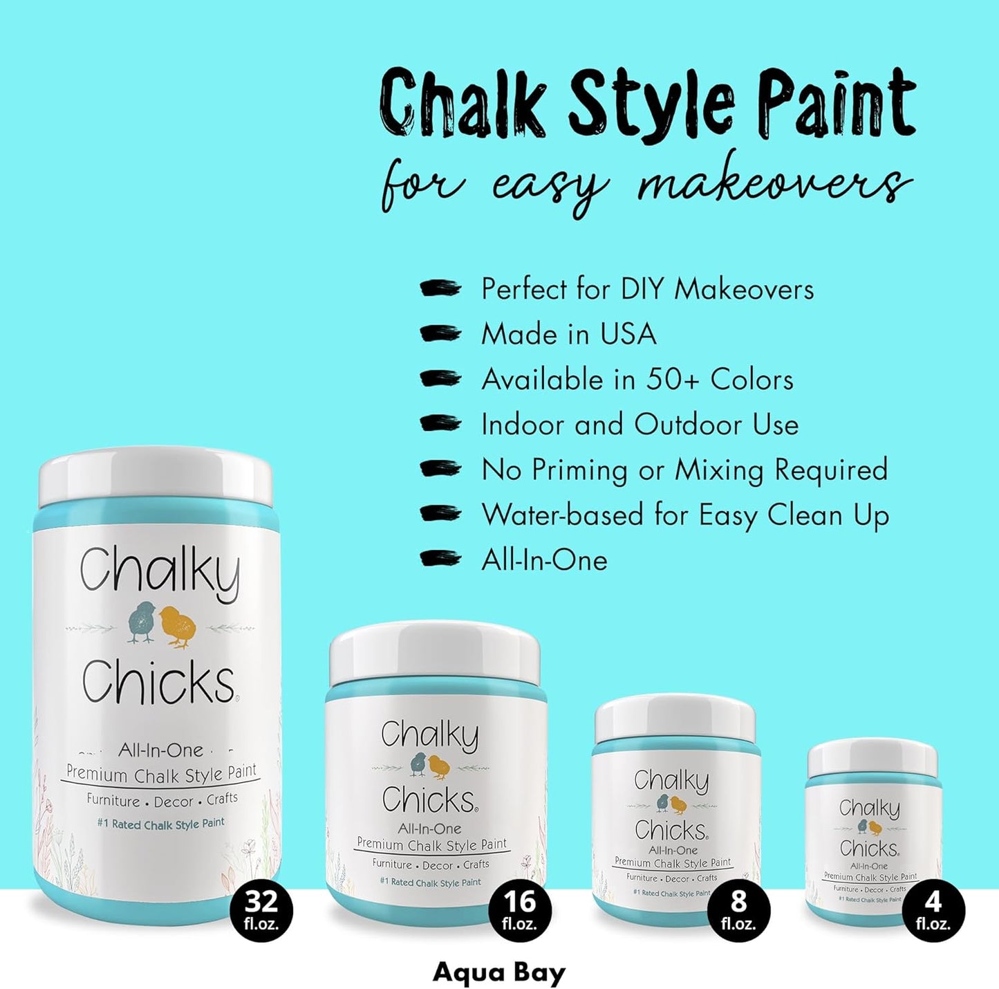 Chalky Chicks All-in-One Chalk Paint for Furniture or Cabinet - 32 Fl Oz - Matte Finish Aqua Bay (Aqua Blue) for Metal, Wood Furniture Paint - No Sanding All-in-One for Home Decor & Crafts, USA Made