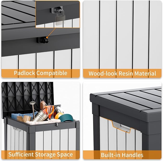 EasyUp 50 Gallon Outdoor Storage Box, Resin Waterproof UV-Resistant Deck Box, Reinforced Stability for Patio, Garden, and Poolside, Striped Black & White