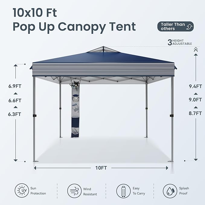 PHI VILLA 10x10 Pop Up Canopy Tent - One Push Setup, Instant Shade Tent with Vented Roof for Beach & Events - Includes Storage Bag, Sandbags, Stakes & Ropes (Navy Stripe)