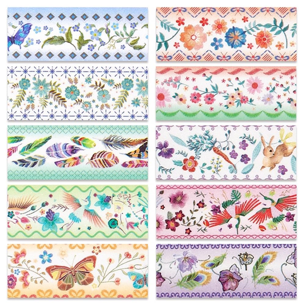 Washi Tape Set 10 Rolls, Embroidery Patterns Decorative Paper Sticker for Planner Scrapbook Journal DIY Arts Craft