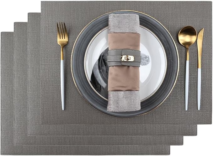 Placemats Set of 4 Faux Leather Waterproof Oil-Proof Wipeable Table Mats, Reversible Heat Resistant PU Place Mats for Kitchen Dining Table (13x18 Inch, Grey)