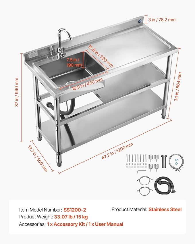 VEVOR Stainless Steel Utility Sink, Free Standing Single Bowl Commercial Kitchen Sink with Faucet and Hot & Cold Water Pipe, Dual Storage Shelves for Garage, Restaurant, Laundry, 47.2 x 19.7 x 37 in