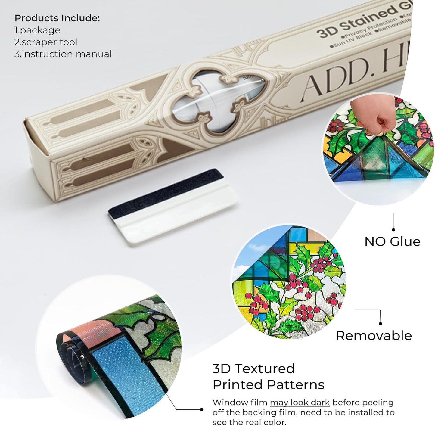 3D Stained Glass Window Film, Decorative Window Privacy Film for Bathroom,Front Door,Home, Sun Blocking Heat Control,Static Cling,23.6inch x 35.4inch Holly