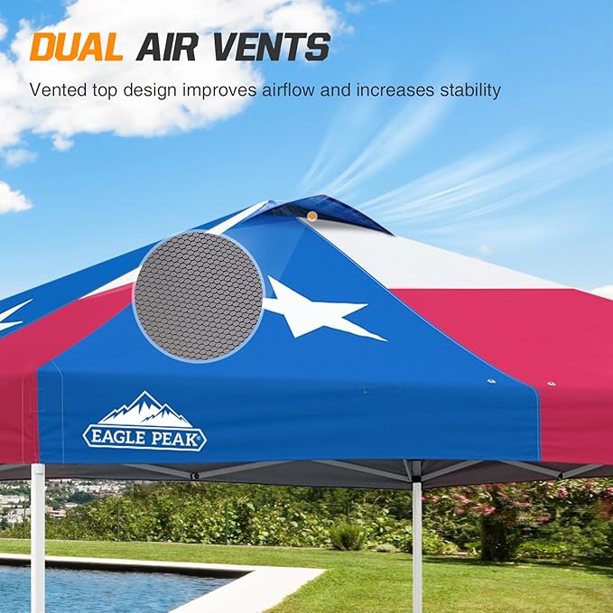 EAGLE PEAK Pop Up Canopy Tent with Wheeled Carry Bag, 8 Stakes, 4 Ropes, 4 Weight Bags, Easy Set Up Tent Canopy, 10x10 ft, 100sqft of Shade, Texas