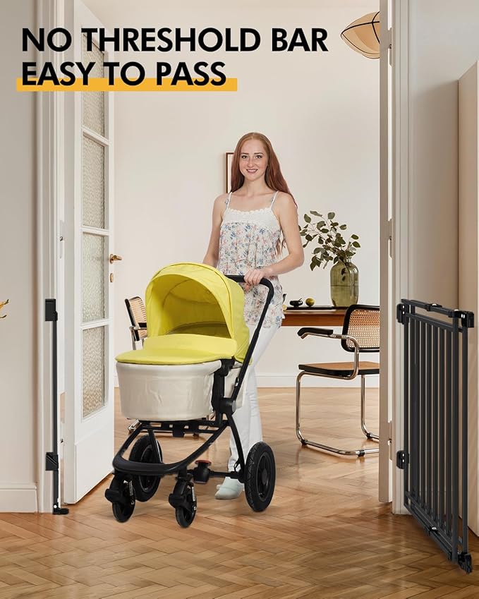 Baby Gate for Stairs Doorways & Kitchen, 26.4"-43" W x 29" H, No Bottom Bar Dog Gate, One-Handed Auto-Close, Hardware Mount Safety Gate for Dogs & Toddlers, Black