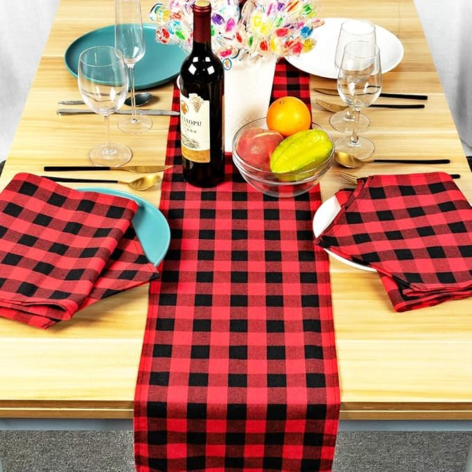 8 Pack Buffalo Check Table Runners Plaid Table Runner for Christmas Dinner, Lumberjack Party, Outdoor or Indoor Gatherings Table Home Decorations (Red & Black, 72inches)