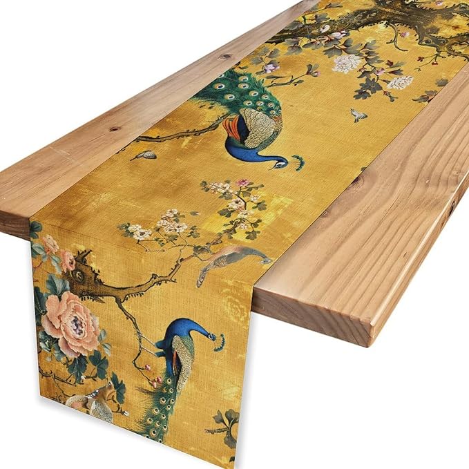Peacock Table Runner,Golden Vintage Asian Chinese Style Peony Floral Branch Table Center Decor for Family Kitchen and Living Room Outdoor Farmhouse Party Table Decorations, 13"x36"